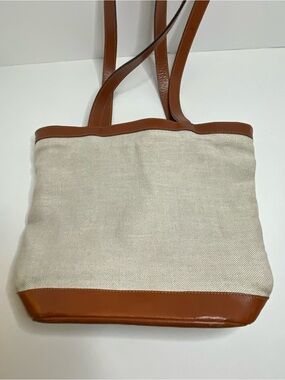 Talbots Made In Italy Canvas & Leather Tote Bag Beige Brown Shoulder Handbag
